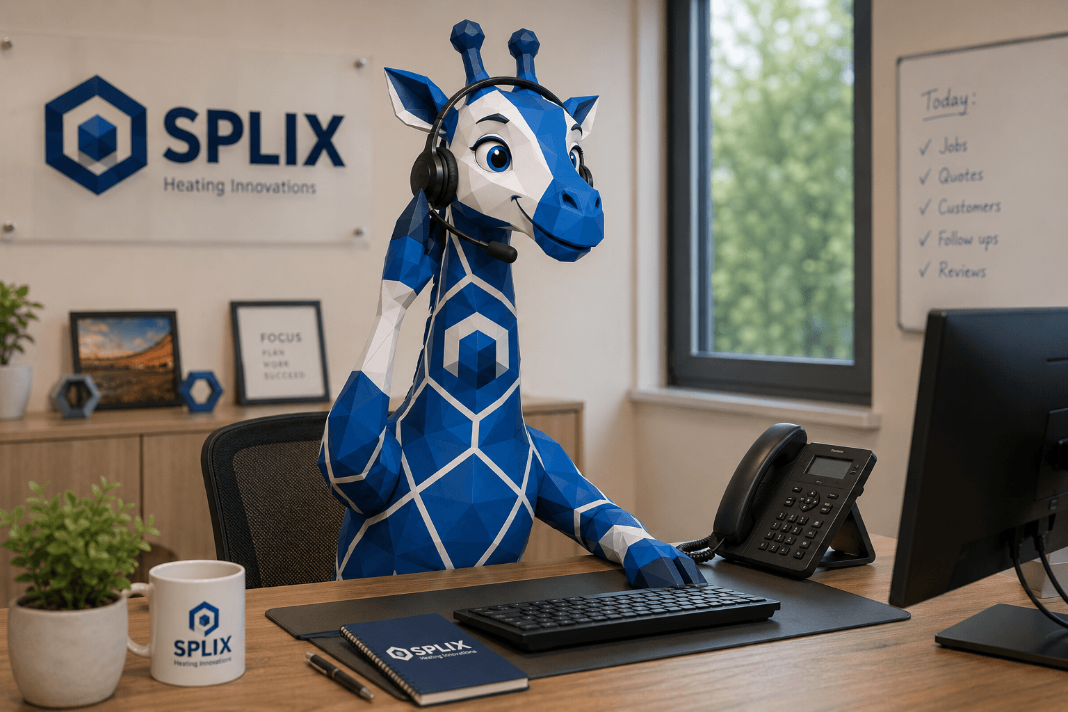 Flix, the Splix mascot, at a desk ready to take your booking